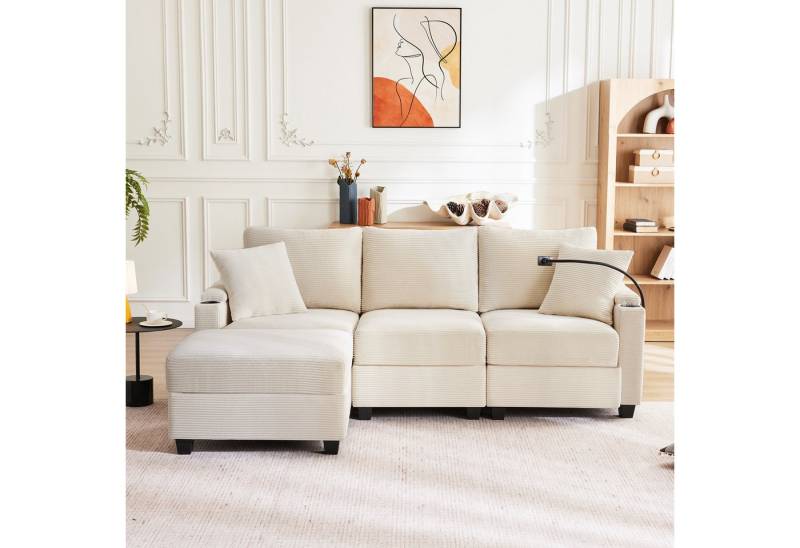 Ulife Sofa Multifunktionssofa, L-förmiges Ecksofa, umwandelbares 3-Sitzer-Sofa, mit Fußhocker, Getränkehalter, USB, Armlehnenablage und 2 Kissen von Ulife