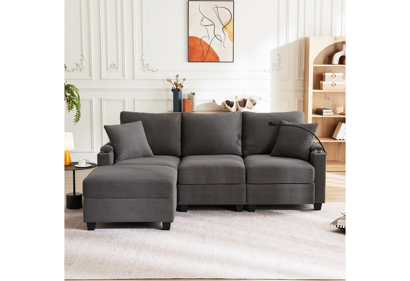 Ulife Sofa Multifunktionssofa, L-förmiges Ecksofa, umwandelbares 3-Sitzer-Sofa, mit Fußhocker, Getränkehalter, USB, Armlehnenablage und 2 Kissen von Ulife