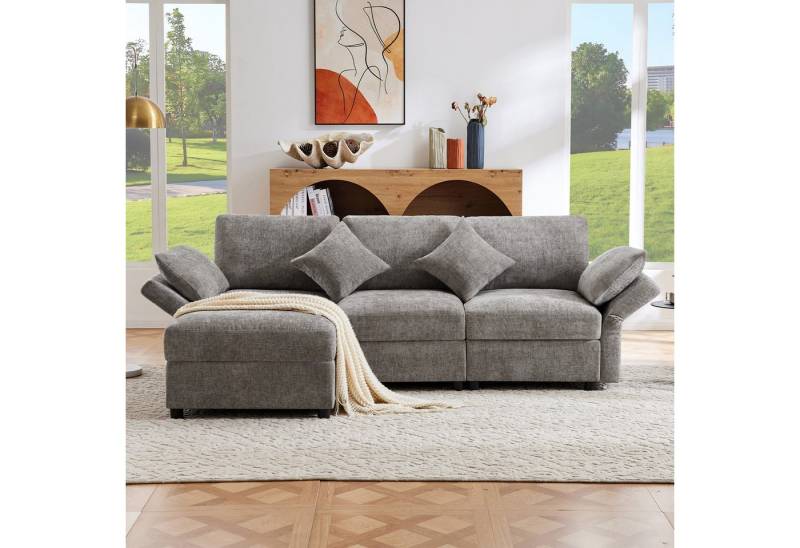 Ulife Sofa Umwandelbares 3-Sitzer-Schlafsofa, L-förmiges Ecksofa mit Fußhocker, verstellbare Armlehnen, 4 Kissen, Chenille-Stoff von Ulife