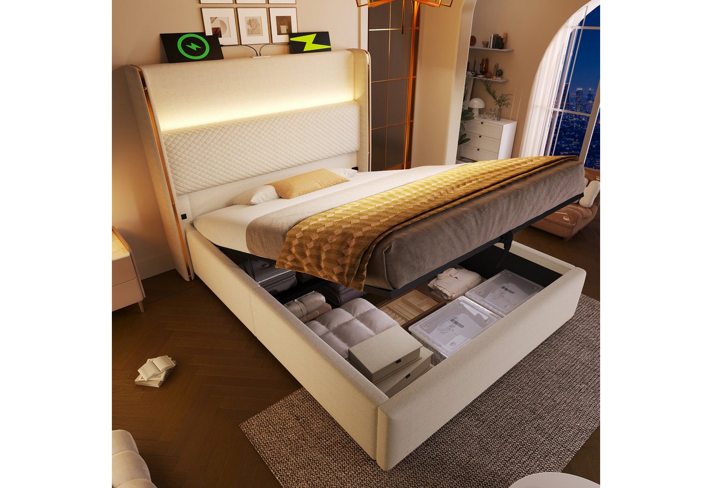 Ulife Stauraumbett mit Hohem Kopfteil, Modernes Hydraulisches Bett (1-tlg), mit LED-Beleuchtung, Stauraum & USB/Type-C-Anschlüssen von Ulife