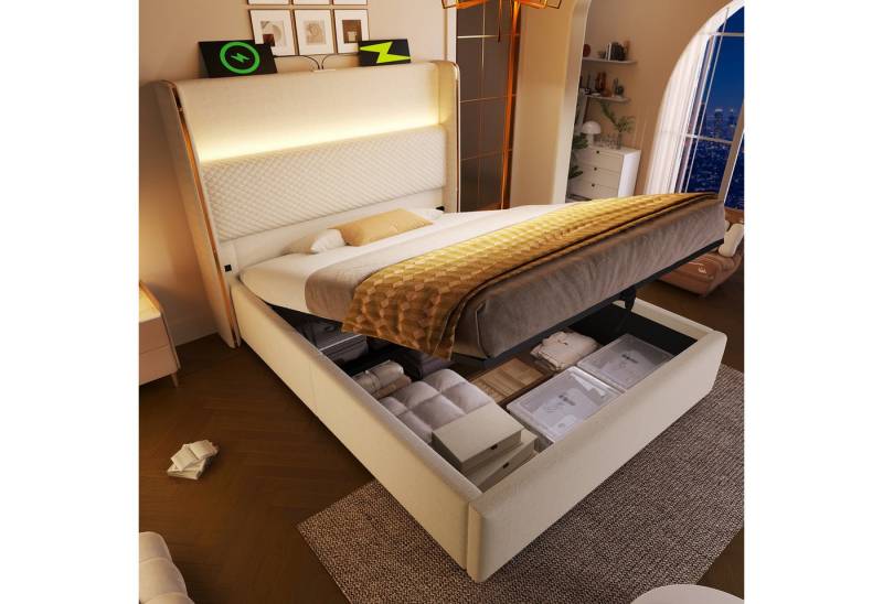 Ulife Stauraumbett mit Hohem Kopfteil, Modernes Hydraulisches Bett (1-tlg), mit LED-Beleuchtung, Stauraum & USB/Type-C-Anschlüssen von Ulife