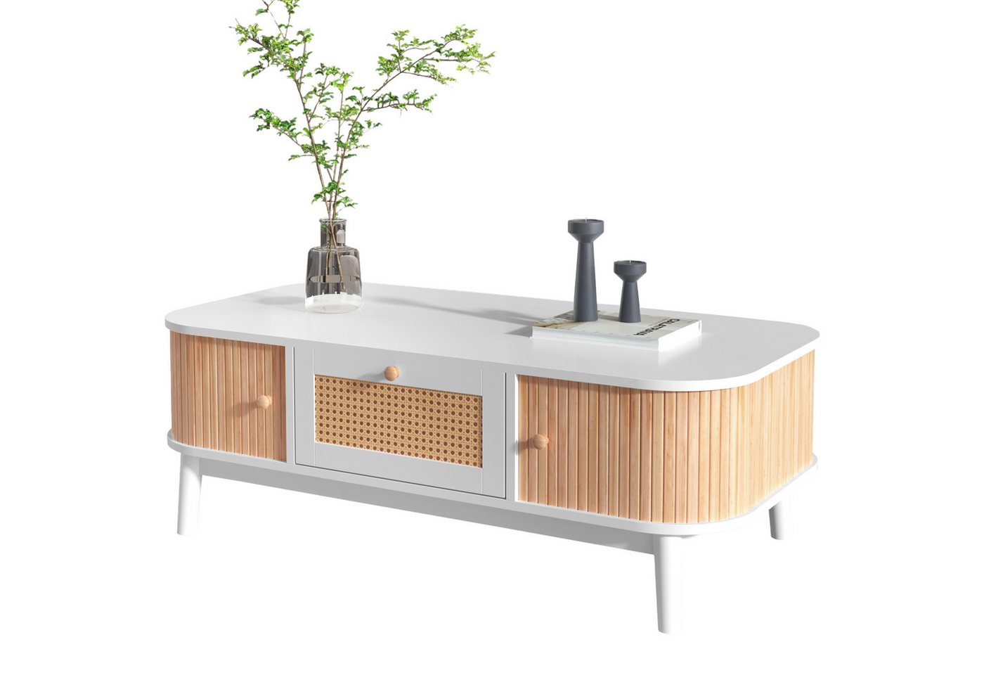 Ulife TV-Schrank Couchtisch Rattan-Kaffeetisch Massivholzbeine Natürlicher Landhausstil Schubladen mit Rattan und Schiebetüren mit Massivholzlatten Ulife TV-Schrank Couchtisch Rattan-Kaffeetisch Massivholzbeine Natürlicher Landhausstil Schubladen mit Rattan und Schiebetüren mit Massivholzlatten von Ulife