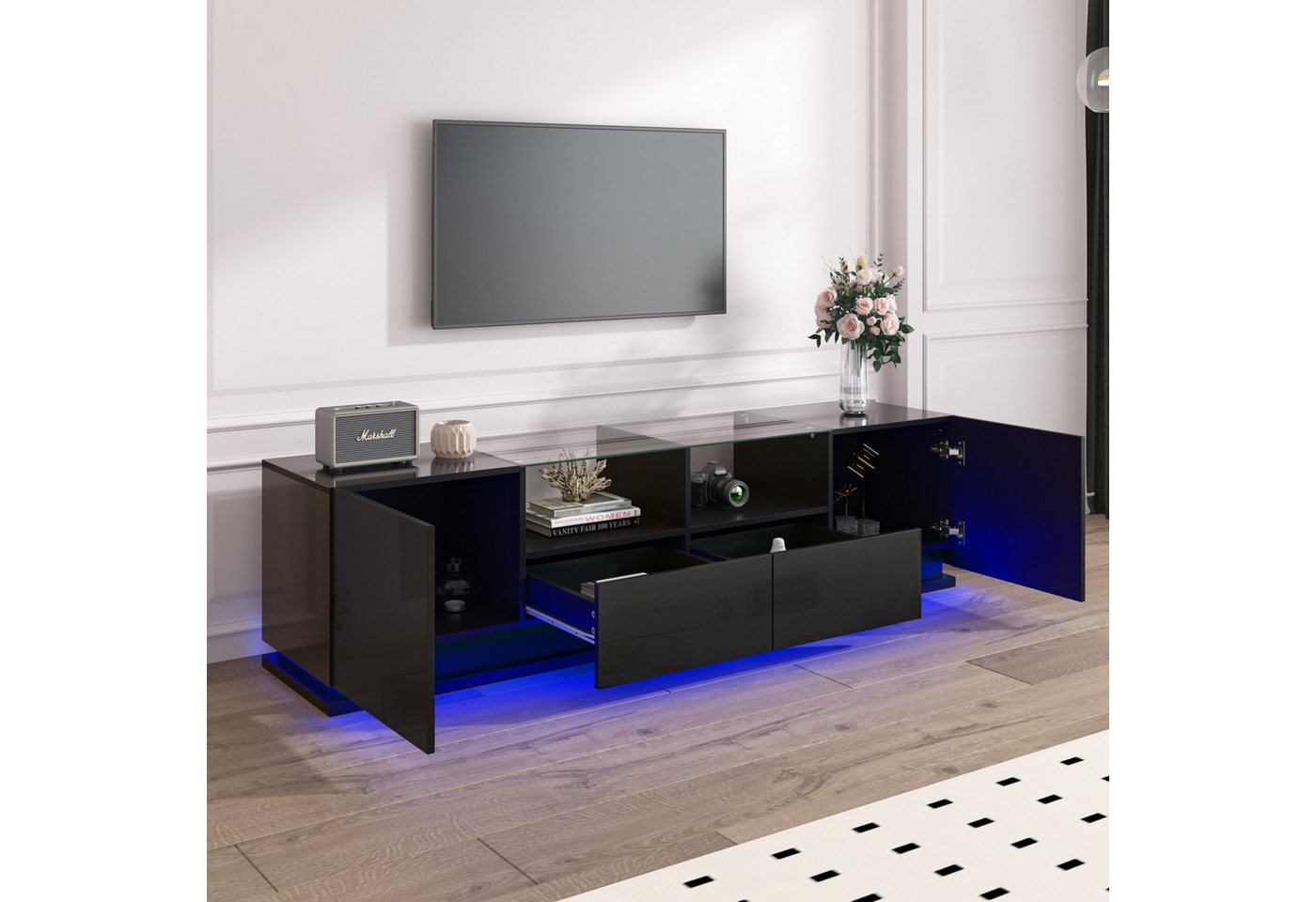 Ulife TV-Schrank Hochglanz Lowboard mit Glasböden, zwei Schubladen und zwei Türen mit mehrfarbigen LED-Lichteffekten, 165*38*43cm von Ulife