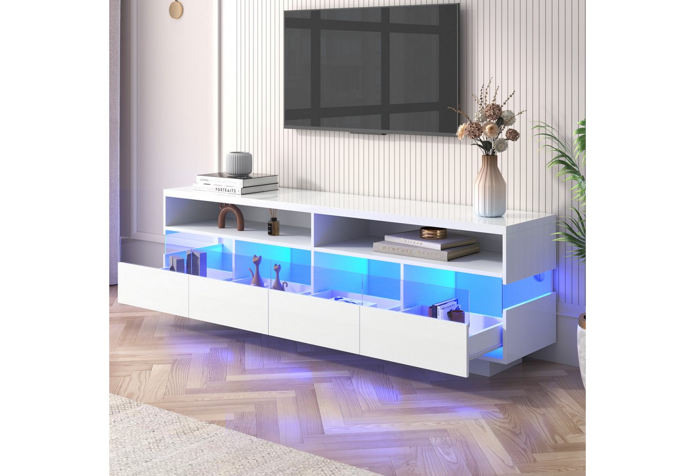 Ulife TV-Schrank Hochglanz-TV-Schranktisch, lowboard mit LED-Beleuchtung zwei Fächer und vier große Schubladen, viel Stauraum, 173,5x55x38 cm von Ulife