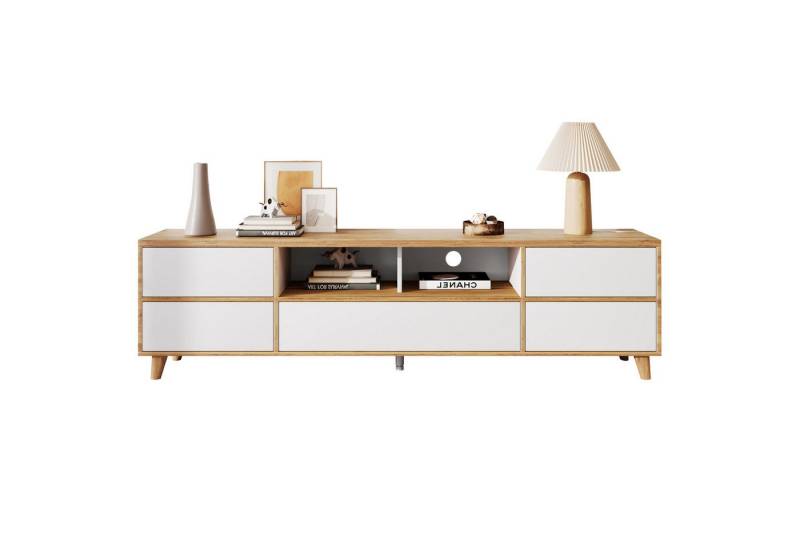 Ulife TV-Schrank Lowboard Fächern und Türen im natürlichen Landhausstil Wohnzimmermöbel in Weiß und Holzfarben von Ulife