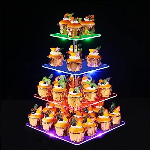 4 Etagen Cupcake Ständer, Ulifeme Wiederaufladbarer LED-Licht Quadrat Transparenter Dessert Tortenständer für Weihnachten, Hochzeiten, Jubiläen, Baby Duschen und Geburtstagsfeiern, 15/20/25/30cm Ebene von Ulifeme