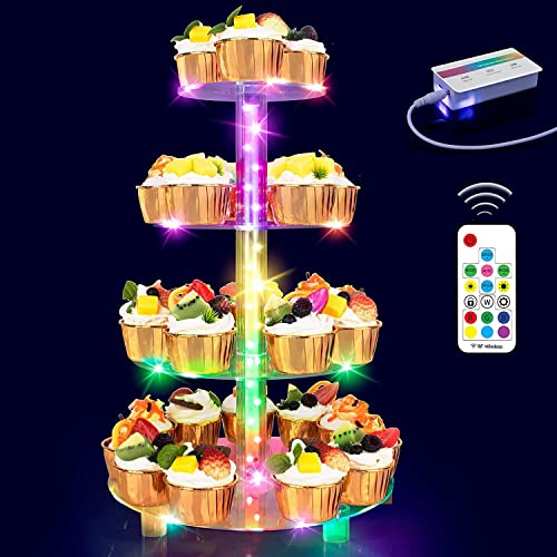 Ulifeme Wiederaufladbarer Cupcake-Ständer mit LED-Licht und Fernbedienung, 358 Automatische Farbmodi, 4-stöckiges Acryl Turm Display, USB-C Aufladung, 2600mAh Batterie für Hochzeit, Party, Geburtstag von Ulifeme