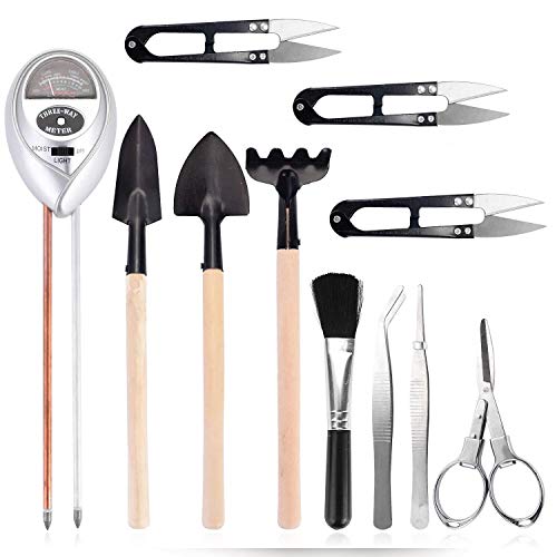 Ulikey Bodentester, Boden Messgerät mit 10-Teiligem Bonsai Werkzeug Set, 3-in-1 Boden Feuchtigkeit Meter mit Gartenschere, Faltenschere, Mini-Rechen, Trimmer Set für Garten, Pflanzen Wachstum (Silber) von Ulikey