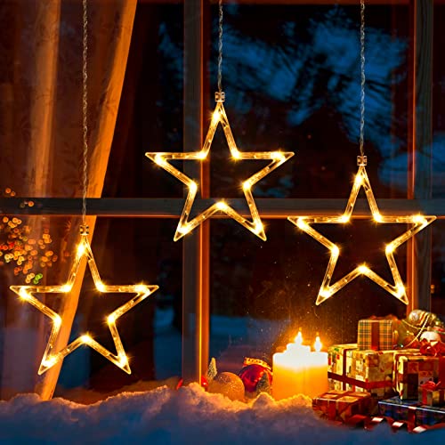 Ulinek Fensterdeko 3 Sterne mit Batteriebetrieb 30 LEDs [1M+0.6M] Sterne Weihnachtsdeko Fenster mit 4er nathloser Klebehaken LED Sterne für Innen und Außen Weihnachten Fenster Balkon Party-Warmweiß von Ulinek