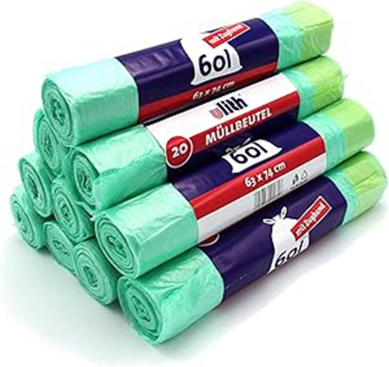 Ulith Müllbeutel 20er Set Müllbeutel 60 L grün mit Zugband von Ulith