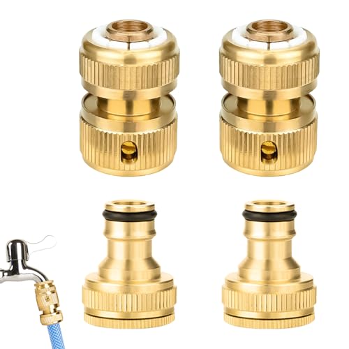 4 Stück Schnellkupplungen aus Messing, Anschluss für Gartenschlauch – Anschluss-Set für Messing-Schlauch, Adapter 2-in-1 für 1/2 Zoll und 3/4 Zoll Wasserhähne mit 2 Schnellkupplungen, Waschen und von Uliwamowi