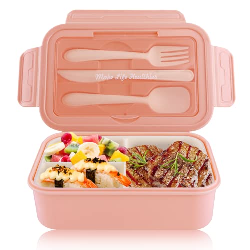 Brotdose Lunchbox Kinder Erwachsene 1400ml mit 3 FäChern Auslaufsichere Bento Box BPA Frei Snackbox inkl. Besteck Jausenbox für Mikrowellen Und SpüLmaschinen, Schule Arbeit Picknick Reisen (Rosa) von Uliya