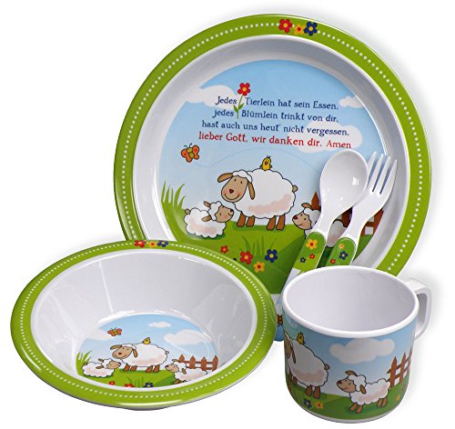 Kindergeschirr-Set Schäfchen aus Melamin, 5-teilig: Teller, Schüssel, Tasse, Gabel + Löffel von Uljö