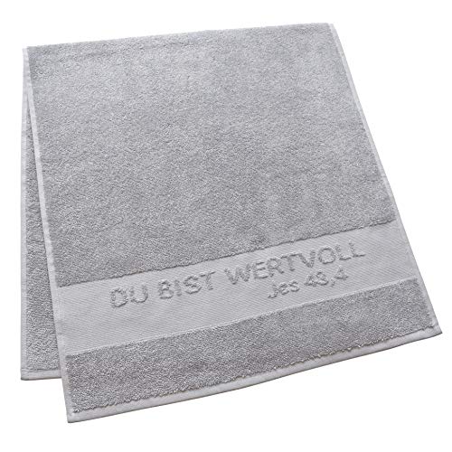 Uljö Duschtuch Uni mit gewebtem Vers Du bist wertvoll JES 43.4" aus 100% Baumwolle (grau) von Uljö
