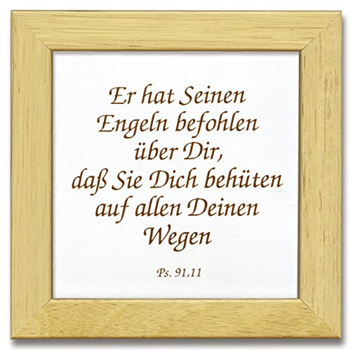 Uljö °° Keramikfliese mit Text: Er hat seinen Engeln befohlen über Dir, daß sie Dich behüten auf Allen Deinen Wegen. Psalm 37,11" (10x10cm - Holzrahmen Kiefer) von Uljö