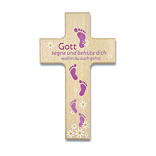 Uljö Kinderkreuz Holzkreuz ''Gott segne und behüte dich'' Füße blau (pink), 9x15 cm von Uljö