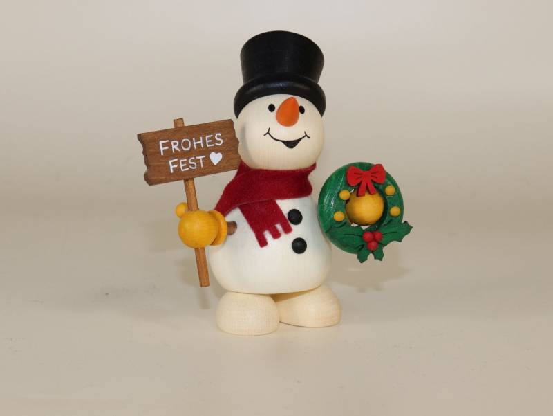 Ullrich Kunsthandwerk Schneemann Miniaturfigur Schneemann mit Weihnachtskranz und Schild "Frohes Fest" von Ullrich Kunsthandwerk