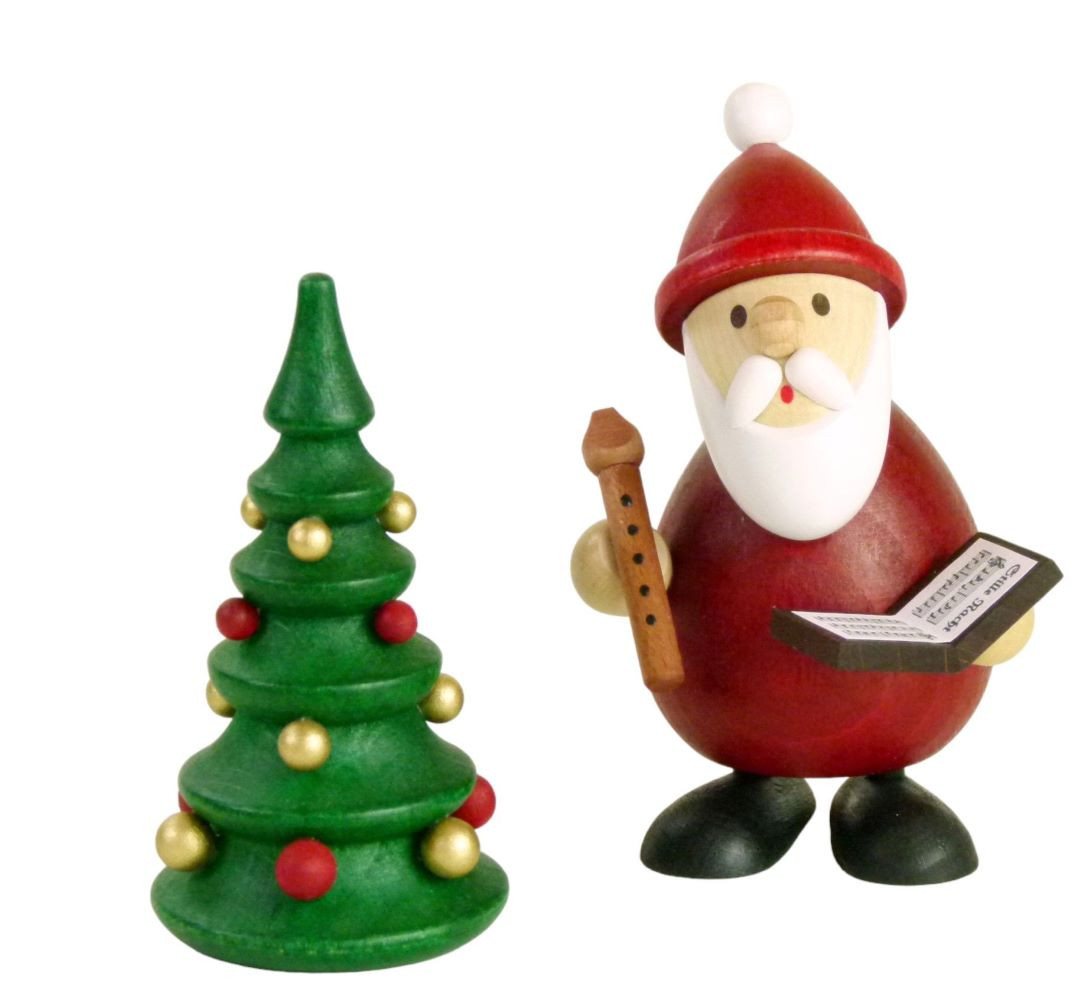 Ullrich Kunsthandwerk Weihnachtsmann Ullrich Dekofigur Weihnachtsmann mit Flöte und Baum, Holzkunst aus dem Erzgebirge von Ullrich Kunsthandwerk