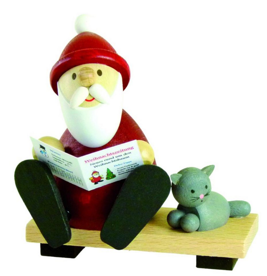 Ullrich Kunsthandwerk Weihnachtsmann Ullrich Dekofigur Weihnachtsmann sitzend mit Zeitung und Katze, Holzkunst aus dem Erzgebirge von Ullrich Kunsthandwerk