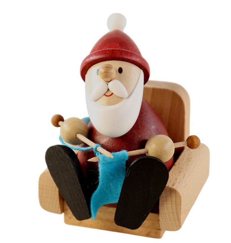 Ullrich Kunsthandwerk Weihnachtsmann Ullrich Dekofigur Weihnachtsmann strickend im Sessel, Holzkunst aus dem Erzgebirge von Ullrich Kunsthandwerk