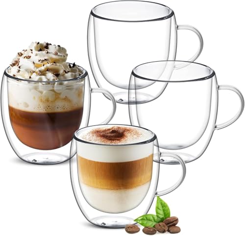 Doppelwandige Kaffeegläser 4er Set 250ml, Teegläser Kaffeegläser Latte Macchiato Tassen, Espressotassen mit Griff, Espresso Gläser, Hitzebeständige Kaffeetassen Trinkgläser aus Borosilikat-Glas von Ulrikco