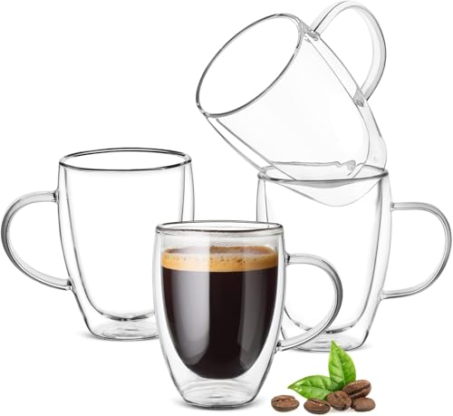 Doppelwandige Kaffeegläser 4er Set 350ml, Teegläser Kaffeegläser Latte Macchiato Tassen, Espressotassen mit Griff, Espresso Gläser, Hitzebeständige Kaffeetassen Trinkgläser aus Borosilikat-Glas von Ulrikco