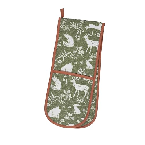 Ulster Weavers - Salbei Waldtiere Doppel-Ofenhandschuhe (88 x 18 cm) - 100% Baumwolle - Waldtiere Ofenhandschuhe hitzebeständig - waschbar - Ofenhandschuhe mit Fuchs, Hirsch & Kaninchen - von Ulster Weavers