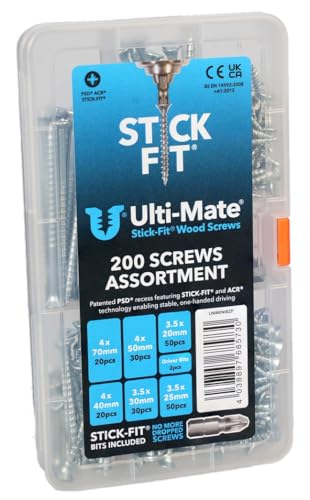 Ulti-Mate Holzschrauben mit Stick-Fit – Mini-Gehäuse-Sortiment – 200 Stück (hell verzinkt) von Ulti-Mate