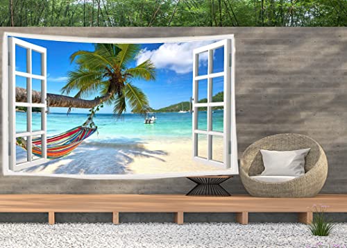 Ulticool – Ansicht Strand Meer Palmen Hängematte - Wandteppich Poster - 200x150 cm - Gartenposter - Wandteppich groß – Dekoration Zubehörteil für Garten und Wohnzimmer von Ulticool