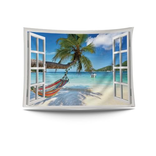 Ulticool – Ansicht Strand Meer Palmen Hängematte - Wandteppich Poster - 200x150 cm - Gartenposter - Wandteppich groß – Dekoration Zubehörteil für Garten und Wohnzimmer von Ulticool