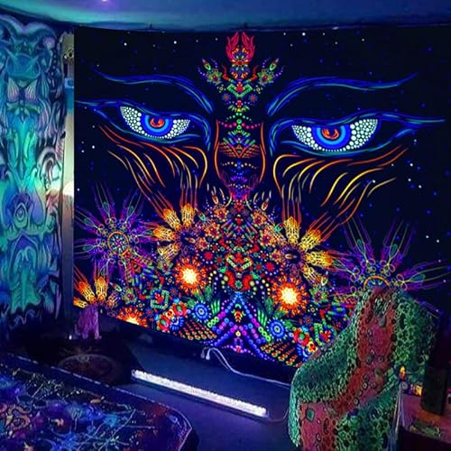 Ulticool – Augen Blumen Meditation - Glow in the Dark Wandteppich - Schwarzlicht under UV Reaktive Bright Black Neon Light - Blacklight Psychedelisch Wandtuch - 200 x 150 cm von Ulticool