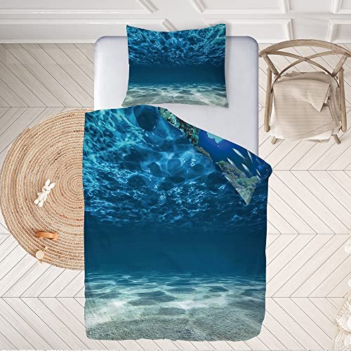 Ulticool – Bettbezug – Bettwäsche Delphin Meer Aquarium Korallen Fische Tiere – 140 x 200 cm – Kissenbezug 60 x 70 cm – für Bettdecke 1 Person Zimmer - Farbe Blau von Ulticool