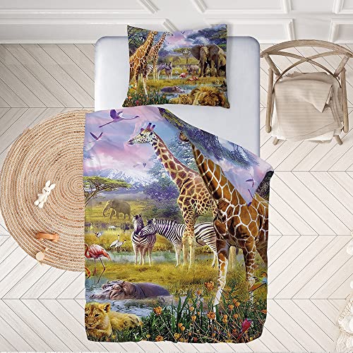 Ulticool – Bettbezug – Bettwäsche Safari Tiere Natur Giraffe Elefant – 140 x 200 cm – Kissenbezug 60 x 70 cm – für Bettdecke 1 Person Zimmer – Farbe Grün Beige von Ulticool