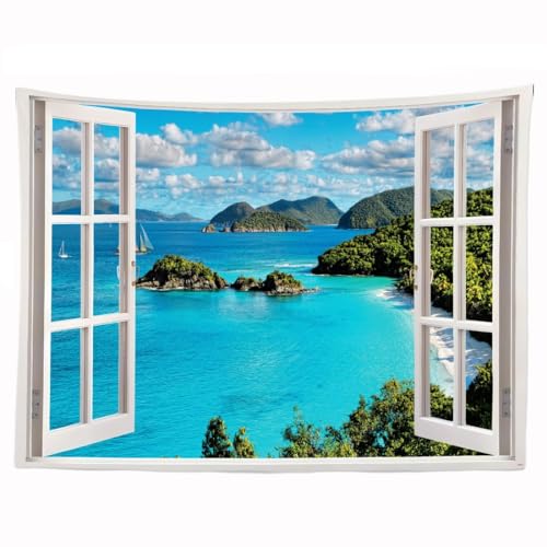 Ulticool – Durchsichtiges Fenster Meer Natur Strand Berge – Wandteppich Poster – 200 x 150 cm – Garten-Poster – Blau von Ulticool