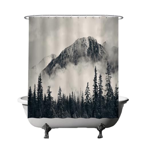 Ulticool Duschvorhang - Berge Natur Nebelwald - 180 x 180 cm – Waschbar – Anti Schimmel - Wasserdicht - mit 12 Ringe - Weiß Grau Schwarz von Ulticool