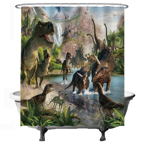 Ulticool Duschvorhang - Dinosaurier Gruppe Dino T-Rex - 180 x 200 cm – Waschbar – Anti Schimmel - Wasserdicht - mit 12 Ringe - Grün von Ulticool