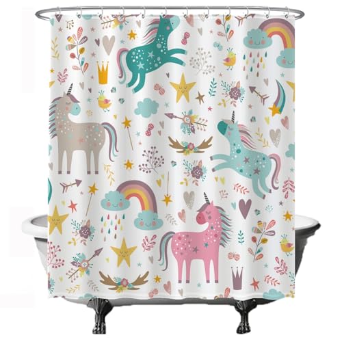 Ulticool Duschvorhang - Einhorn Unicorn Pferd Wolken Stern Regenbogen - 180 x 200 cm – Waschbar – Wasserdicht - mit 12 Ringe - Weiß Rosa Braun Grün von Ulticool