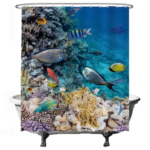 Ulticool Duschvorhang – Koralle Meer Tauchen Aquarium - 180 x 200 cm - Waschbar - Anti Schimmel - mit 12 Ringen – Blau Orange von Ulticool