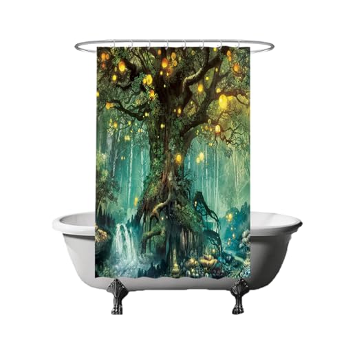Ulticool Duschvorhang - Märchen Elfenbaum Magie Wald Natur - 120 x 180 cm – Waschbar – Wasserdicht - Anti Schimmel - mit 8 Ringe - Grün Gelb von Ulticool