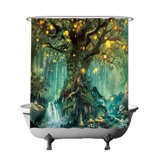 Ulticool Duschvorhang - Märchen Elfenbaum Magie Wald Natur - 180 x 180 cm – Waschbar – Wasserdicht - Anti Schimmel - mit 12 Ringe - Grün Gelb von Ulticool