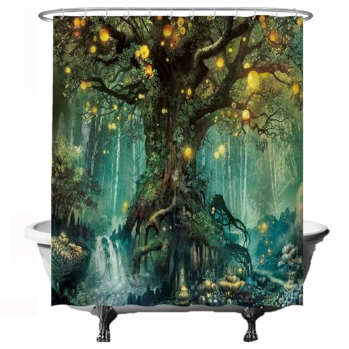 Ulticool Duschvorhang - Märchen Elfenbaum Magie Wald Natur - 180 x 200 cm – Waschbar – Wasserdicht - Anti Schimmel - mit 12 Ringe - Grün Gelb von Ulticool