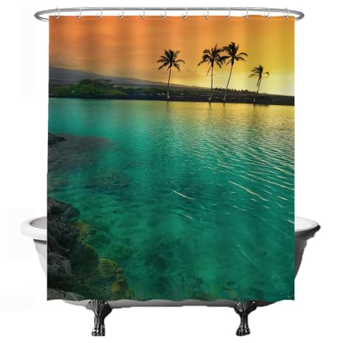 Ulticool Duschvorhang – Meer Strand Palme Sonnenuntergang - 180 x 200 cm - Waschbar - Anti Schimmel - mit 12 Ringen - Blau Grün Gelb Ulticool Duschvorhang – Meer Strand Palme Sonnenuntergang - 180 x 200 cm - Waschbar - Anti Schimmel - mit 12 Ringen - Blau Grün Gelb von Ulticool