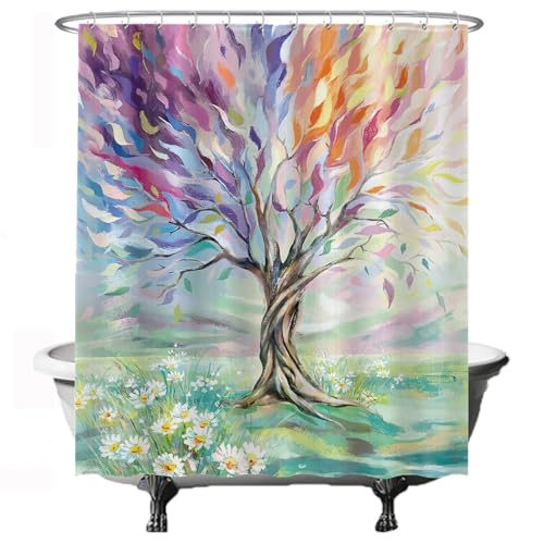 Ulticool Duschvorhang - Natur Baum Tree of Life - 180 x 200 cm - waschbar - Anti Schimmel - mit 12 Ringen - Violett Grün Blau Gelb von Ulticool