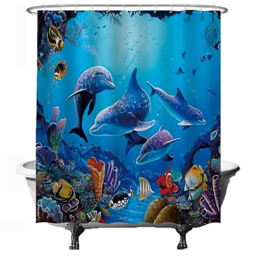 Ulticool Duschvorhang - Natur Delphin Meer Angeln Aquarium Koralle - 180 x 200 cm - Anti Schimmel - mit 12 Ringen - Blau von Ulticool