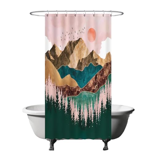Ulticool Duschvorhang - Natur Sonne Berge Bohemian - 120 x 200 cm – Waschbar – Anti Schimmel - Wasserdicht - mit 8 Ringe - Grün Rosa Braun von Ulticool