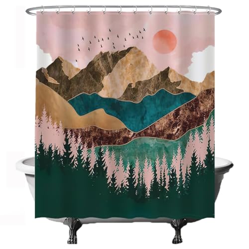 Ulticool Duschvorhang - Natur Sonne Berge Bohemian - 180 x 200 cm – Waschbar – Anti Schimmel - Wasserdicht - mit 12 Ringe - Grün Rosa Braun von Ulticool