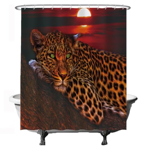Ulticool Duschvorhang - Panther Leopard Natur Tiere - 180 x 200 cm - waschbar - Anti Schimmel - mit 12 Ringen - Rot Ocker Orange Braun von Ulticool