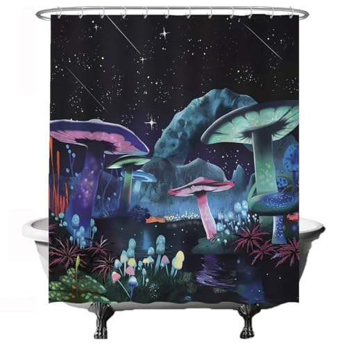 Ulticool Duschvorhang - Pilz Mushroom Psychedelischer Trippie Bohemian - 180 x 200 cm – Anti Schimmel Waschbar – Wasserdicht - mit 12 Ringe - Blau Schwarz von Ulticool