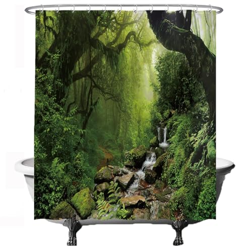 Ulticool Duschvorhang - Regenwald Natur Öko Pflanzen Wasserfall - 180 x 200 cm – Anti Schimmel - Waschbar – Wasserdicht - mit 12 Ringe - Grün von Ulticool