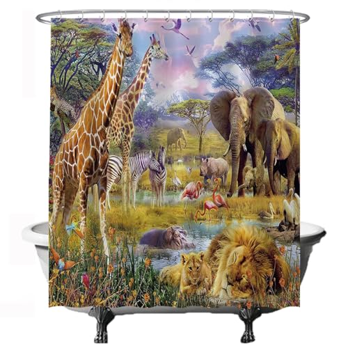 Ulticool Duschvorhang – Safari Tier Giraffen Elefant - 180 x 200 cm - Waschbar - Anti Schimmel - mit 12 Ringen - Grün Braun Ulticool Duschvorhang – Safari Tier Giraffen Elefant - 180 x 200 cm - Waschbar - Anti Schimmel - mit 12 Ringen - Grün Braun von Ulticool